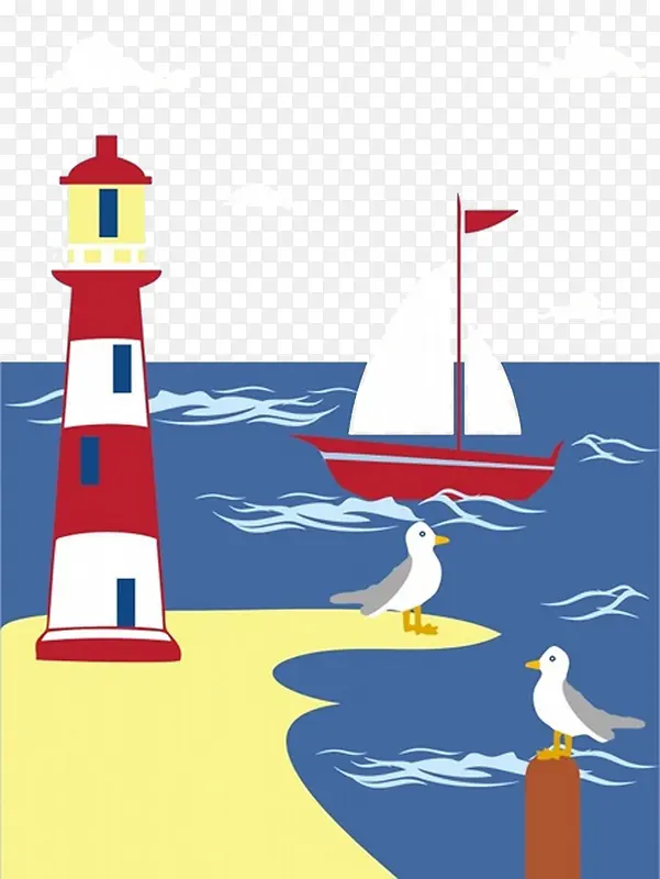 卡通童话配图海边灯塔
